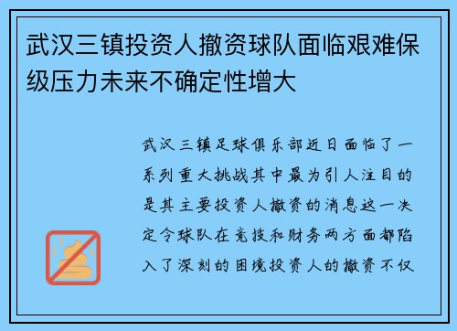 武汉三镇投资人撤资球队面临艰难保级压力未来不确定性增大 武汉三镇投资人撤资球队面临艰难保级压力未来不确定性增大
