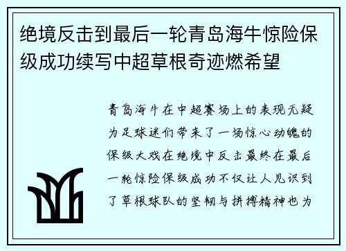 绝境反击到最后一轮青岛海牛惊险保级成功续写中超草根奇迹燃希望